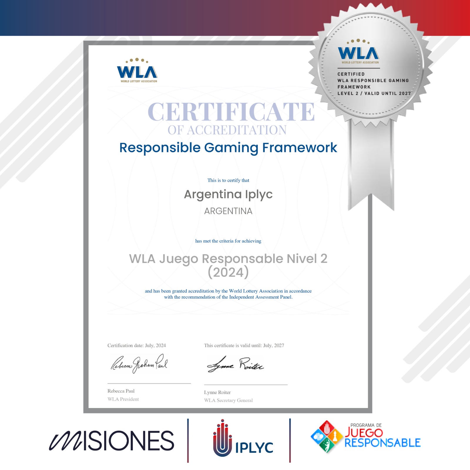 La WLA reconoció al IPLyC con el Nivel 2 de la Certificación Internacional de Juego Responsable