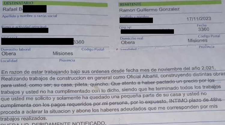 “Tengo amigos en el gobierno y no te voy a pagar nada”: constructor obereño denunció a un funcionario de educación
