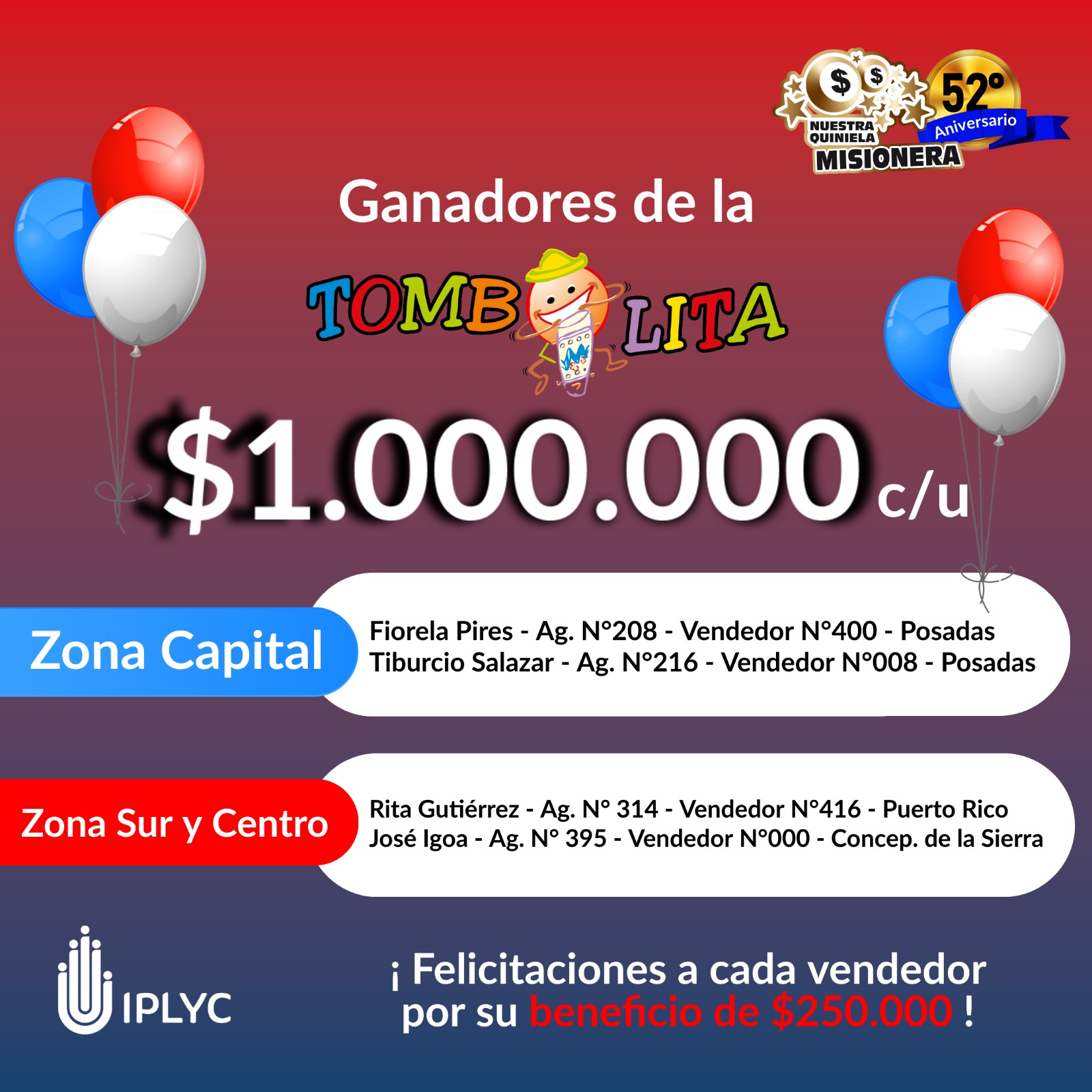 Ganadores de tickets no premiados por Sorteo Aniversario de la Quiniela y la Poceada