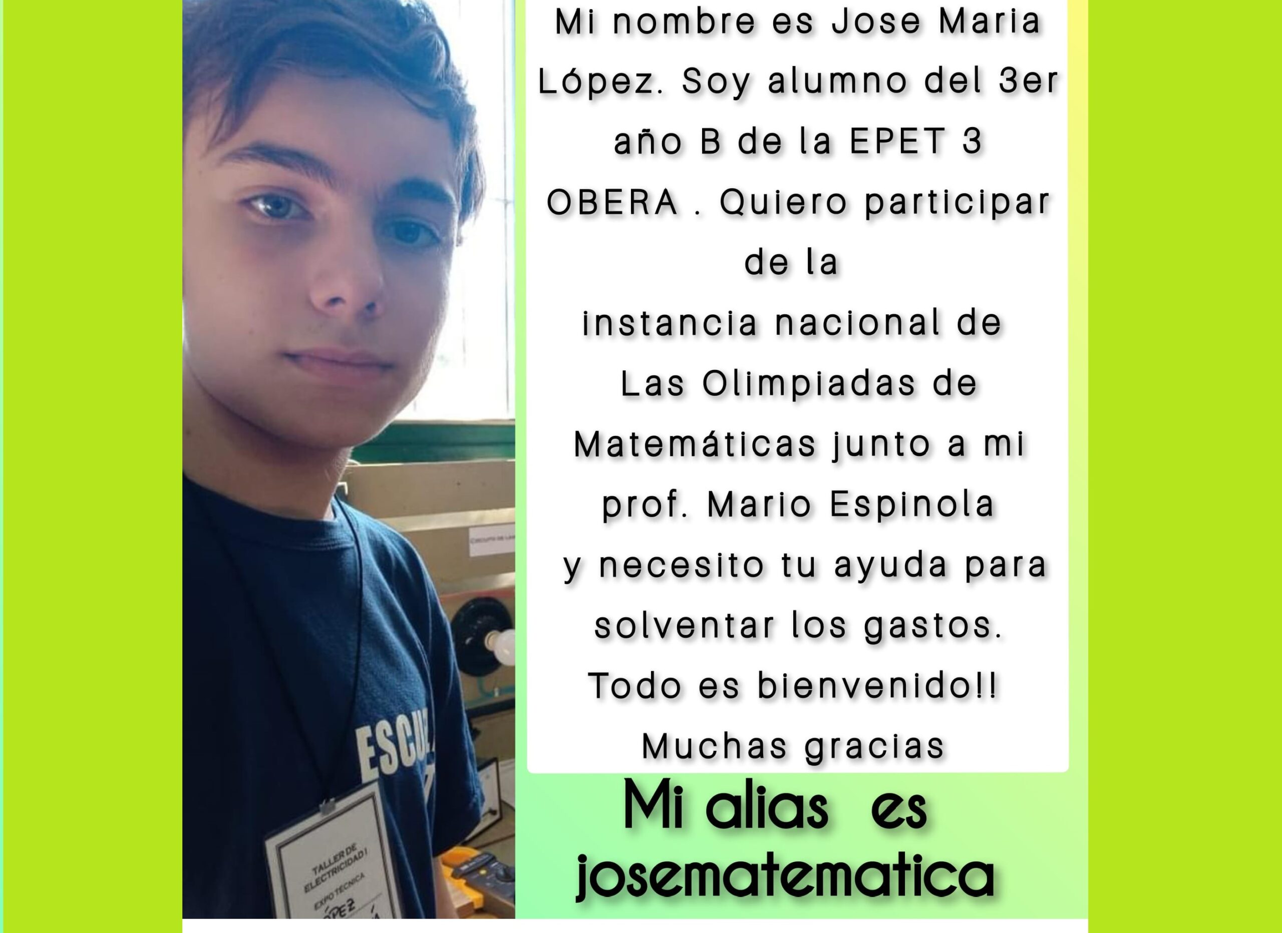 Colecta para alumno que representará a Oberá en las Olimpiadas Nacionales de Matemáticas