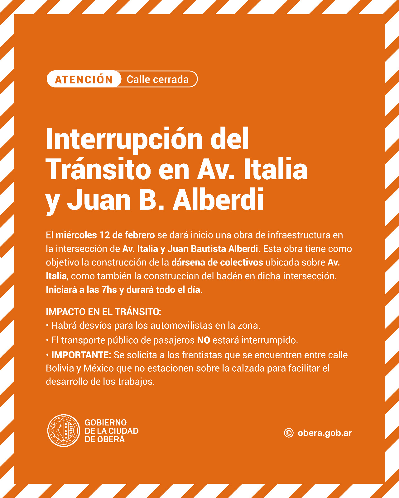 Interrupción del tránsito en avenida Italia y Juan Bautista Alberdi por obras