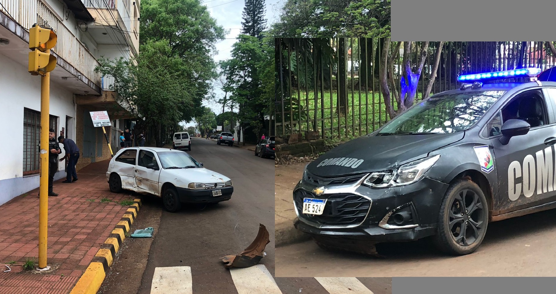 Móvil policial chocó contra un Gol, lo hizo girar y subir a la vereda