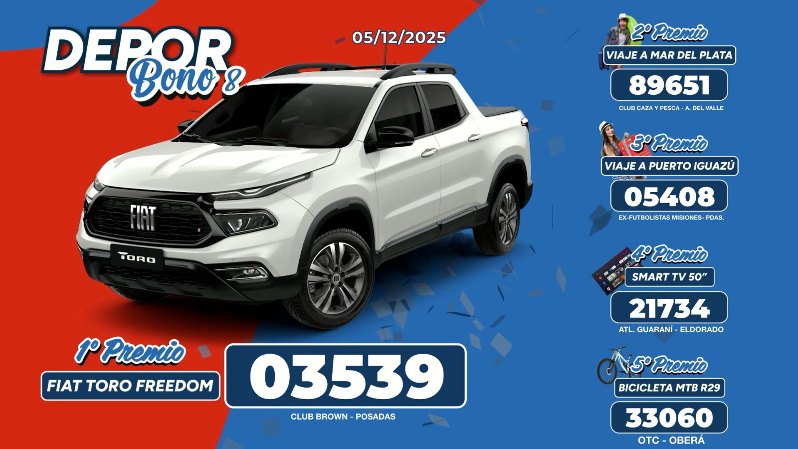El Deporbono 8 entregó la Fiat Toro Freedom a un posadeño