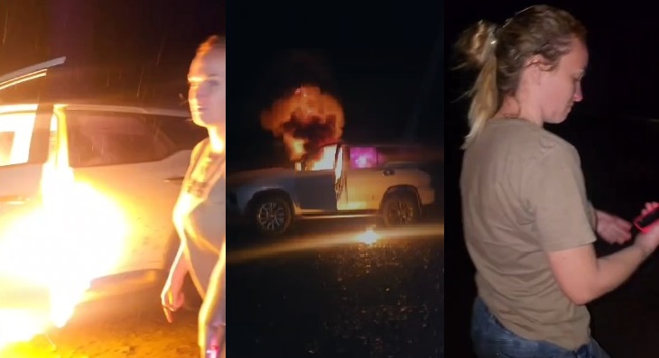 La camioneta quemada por una mujer fue robada en Brasil y llevaba cigarrillos de contrabando